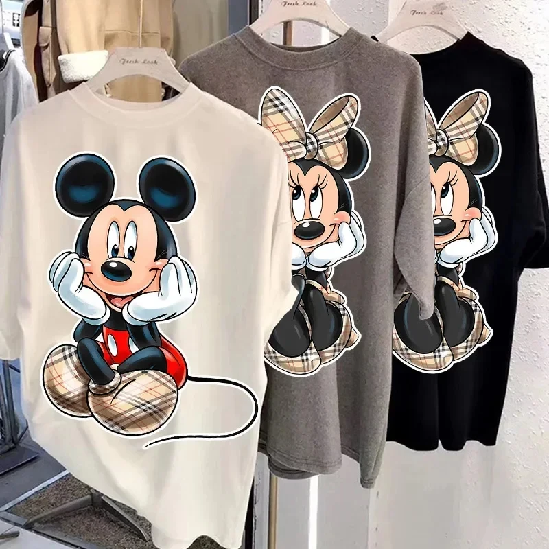 MINISO Fashion Vintage Women T-shirts Cartoon Mickey Minnie Kawaii Top Ulzzang Oversized Kids T-shirt Short Sleeves 90s Y2k