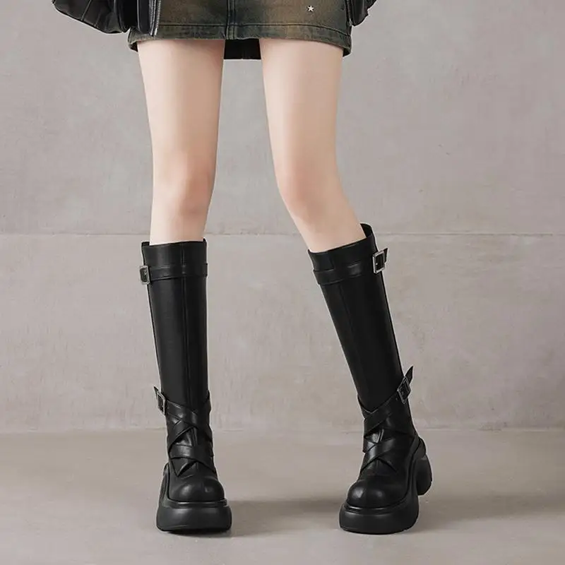 كرازينغ بوت البقرة انقسام الجلد جولة تو سميكة القاع منصة شارع العليا الأزياء المدرسة البريطانية مشبك معدني شيك الفخذ أحذية عالية #3