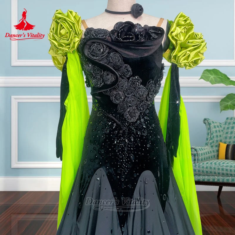 International Championship Adult&Teenagers Waltz Fluorescent Green+Black Two-color Stitching Dresses Customize Dancer's Vitality