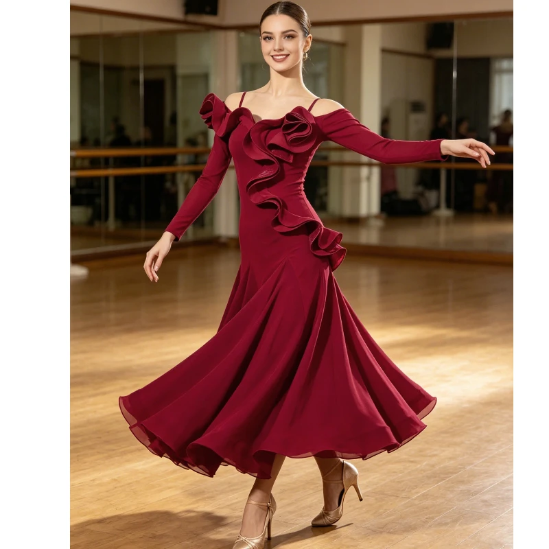 

Modern Dance Practice Dress New Social Dance Lotus Leaf Lace Collar Slimming Long Sleeve Fishbone Large Swing Dress for Women