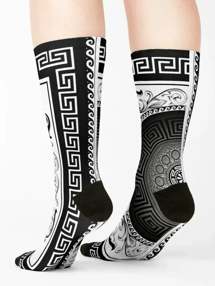 White Black Greek Meander Baroque Socks crazy man gifts custom Socks Ladies Men's