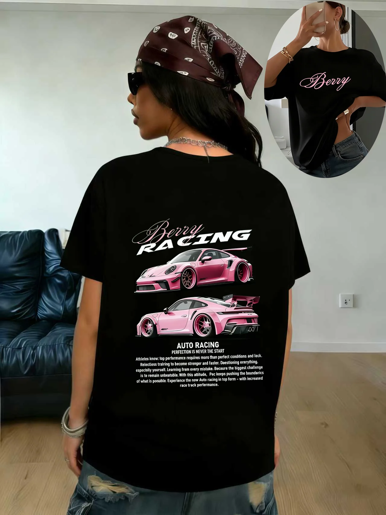 Women's 64% Cotton Berry Racing Pink Sports Car Print Short Sleeve T-Shirt T Shirt Women Clothing