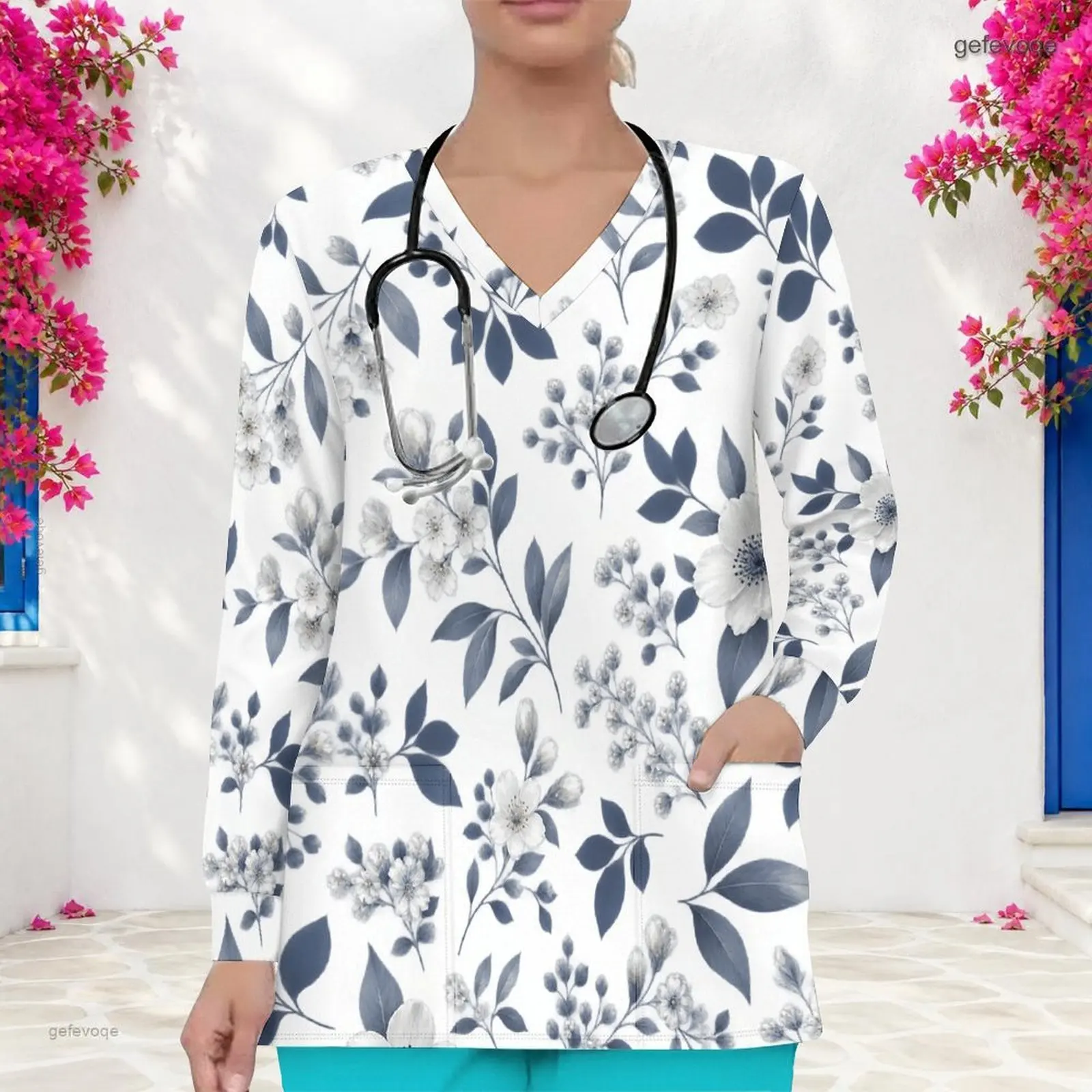 Women Blue Grey Floral Leaf Printed V Neck Long Sleeve Scrub Top with Front Pockets