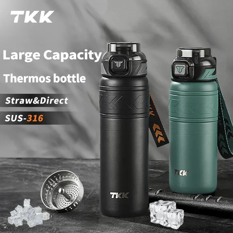 

TKK SUS316 Thermos Bottle Large Capacity Vaccum Cup Cold Insulation Portable Strap with Tea Flitter Thermal Flask