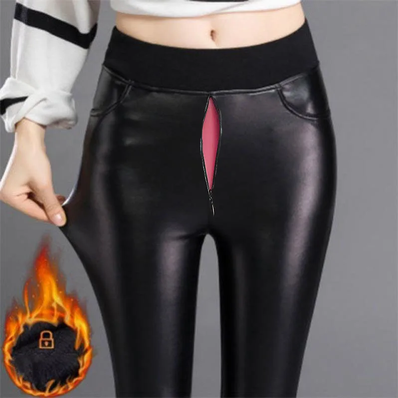 Invisible Open-Seat Pants Outdoor Sex Leather Pants Women\'s Velvet PU Trousers Winter High Waist Stretch Tight and Warm Leggings