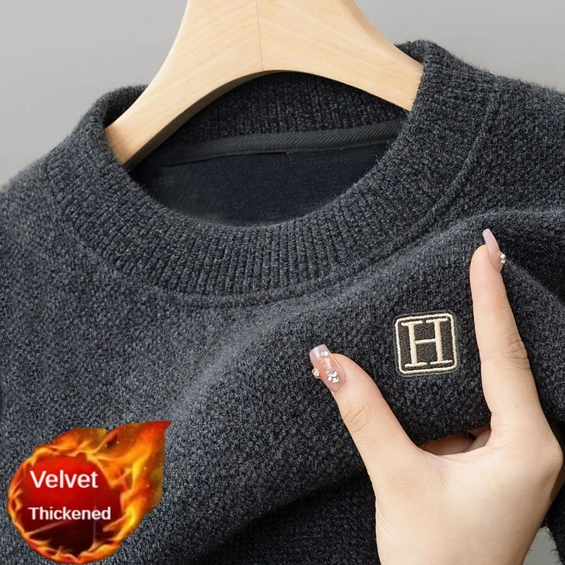 Winter heren warme fleece trui O-hals geborduurd casual gebreide innerlijke schoot truien dikke thermisch ondergoed trui