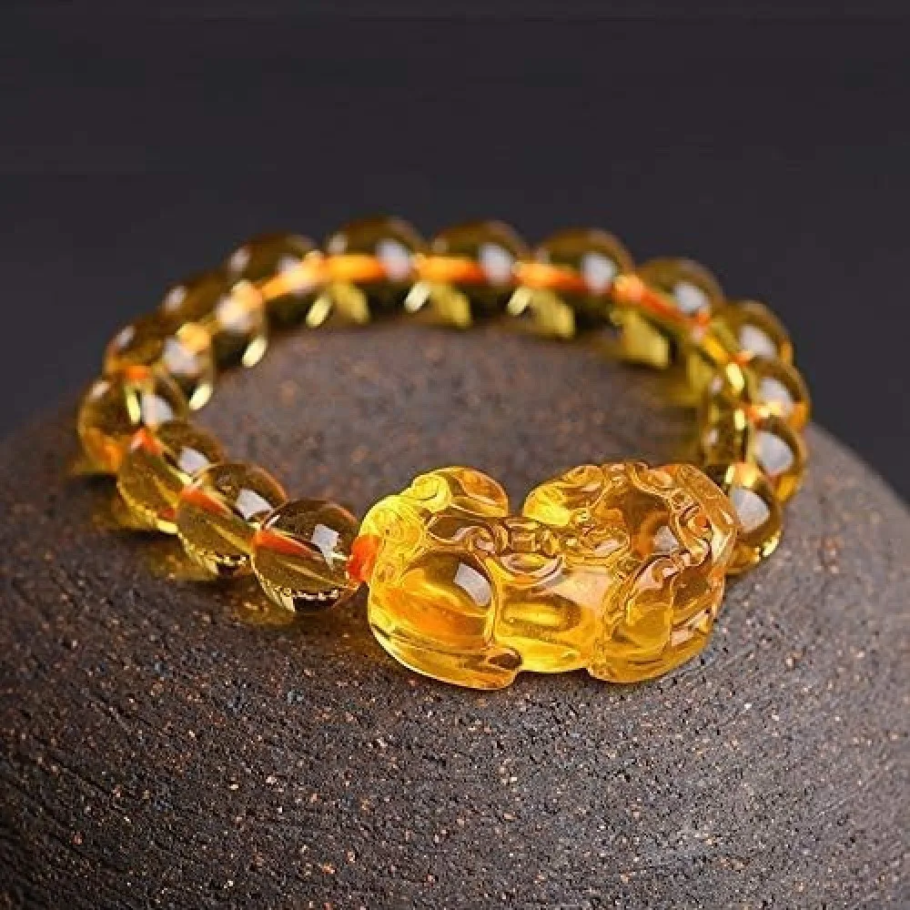 2 Pack Citrine Pixiu Bracelet, Authentic Wealth Attract Crystal Bead Handmade Unisex Jewelry with Gift Box, Affirmation Card, and Stickers for Men and Women