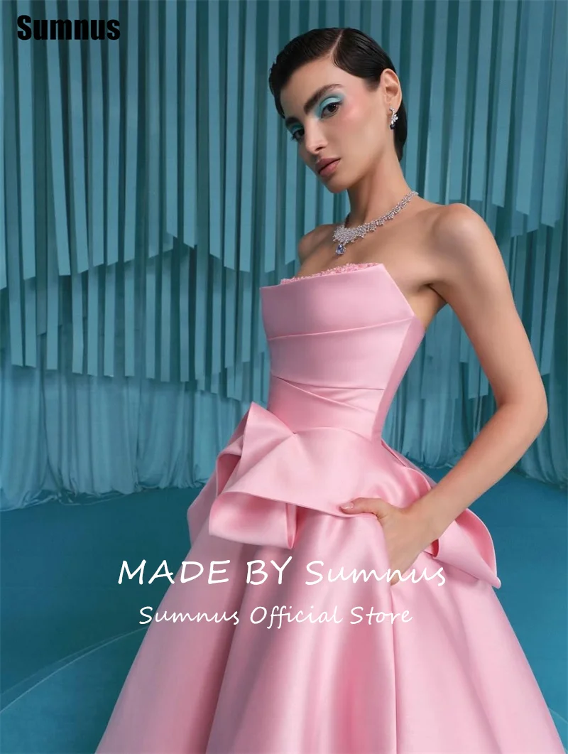 Sumnus فساتين سهرة بسيطة على شكل حرف a من الساتان الوردي بدون حمالات بدون أكمام مطرز بالخرز فساتين رسمية حفل فيستدوس مخصصة