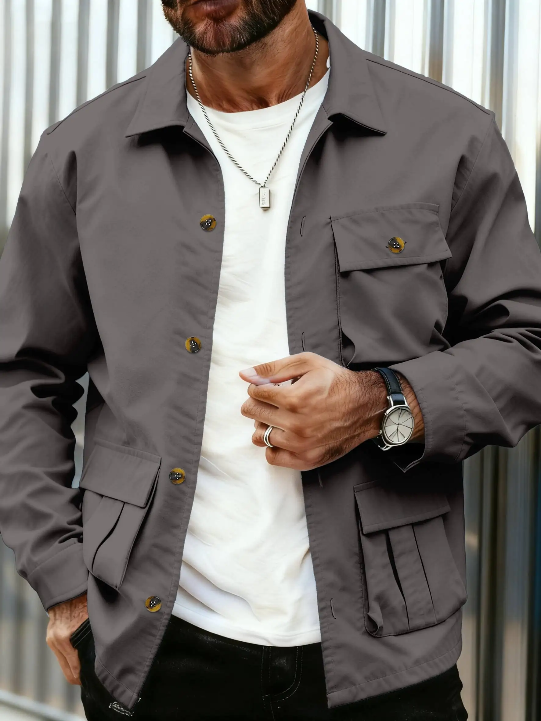 Men's button up shirt jacket, men's solid color lapel shirt jacket, autumn and winter long sleeved casual jacket, with flip pock