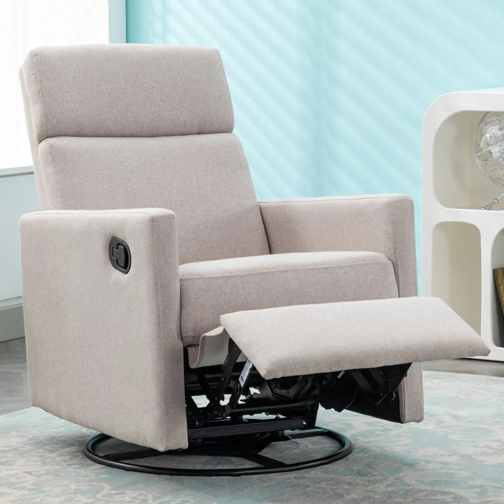 Modern Soft Linen Swivel Push Back Rocker Recliner w/Headsupport Adjustable Nursery Glider Chair for Living Room, Bedroom