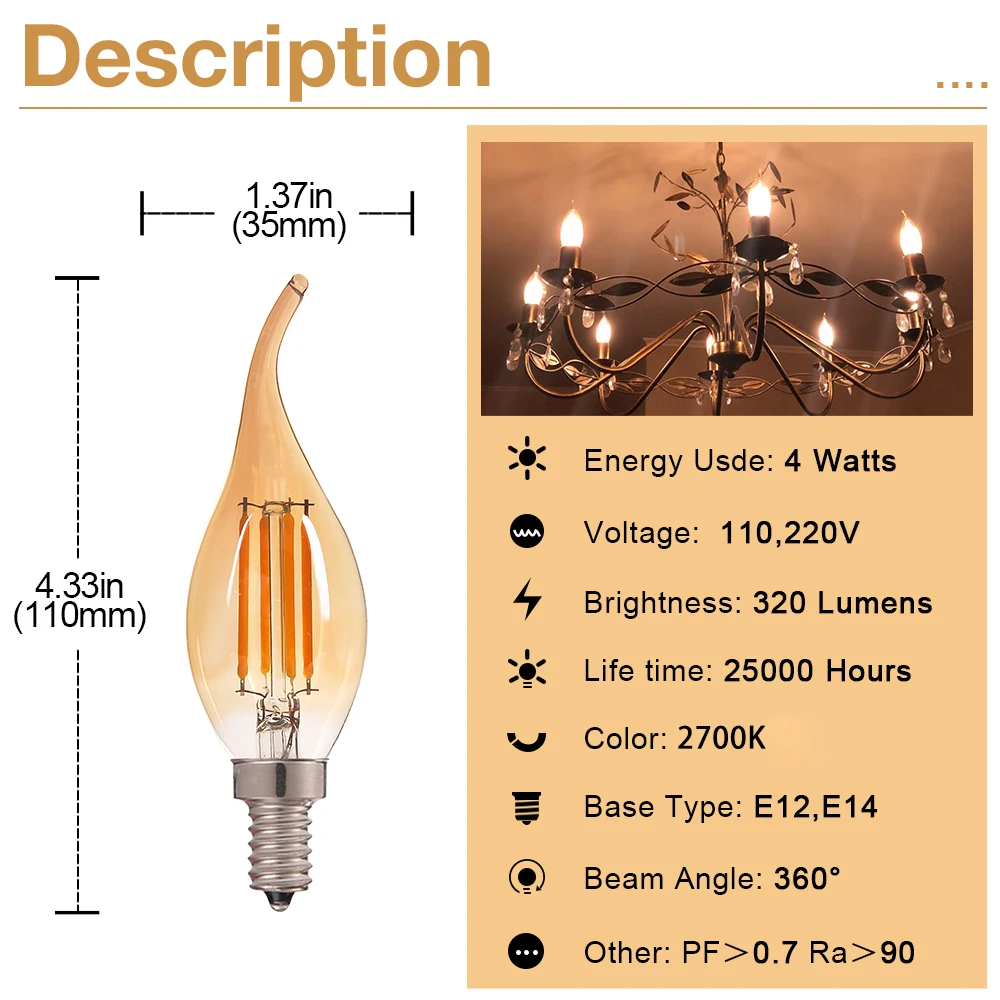 Lampadina a filamento LED 4W Edison C35 E14 E12 2700K Lampadine in vetro ambrato retrò bianco caldo 220V 110V Luci di ricambio a incandescenza