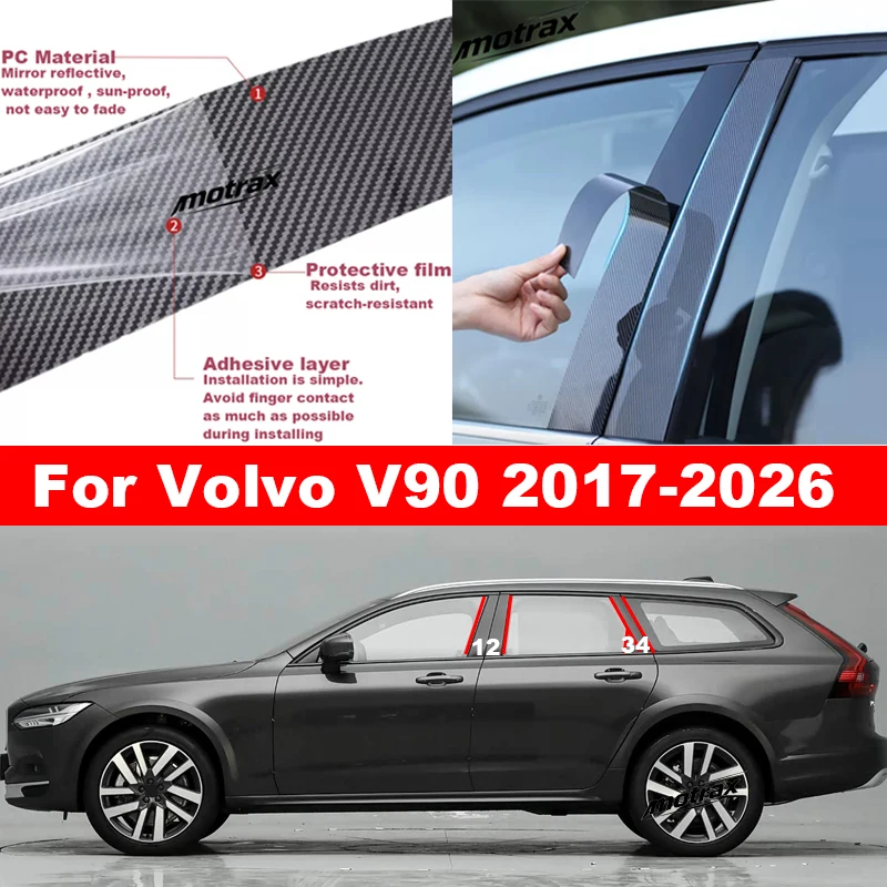 For Volvo V90 2017-2026 Glossy PC B‑C Pillar Window Column Trim Cover Exterior Door Post Molding Decoration Accessories