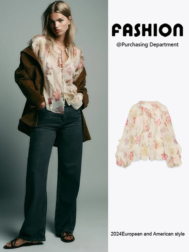 

New Autumn Women's Long Sve Floral Print Transparent irt Belted Versatile Faionable Stage Performance Ethnic Sle Clo...