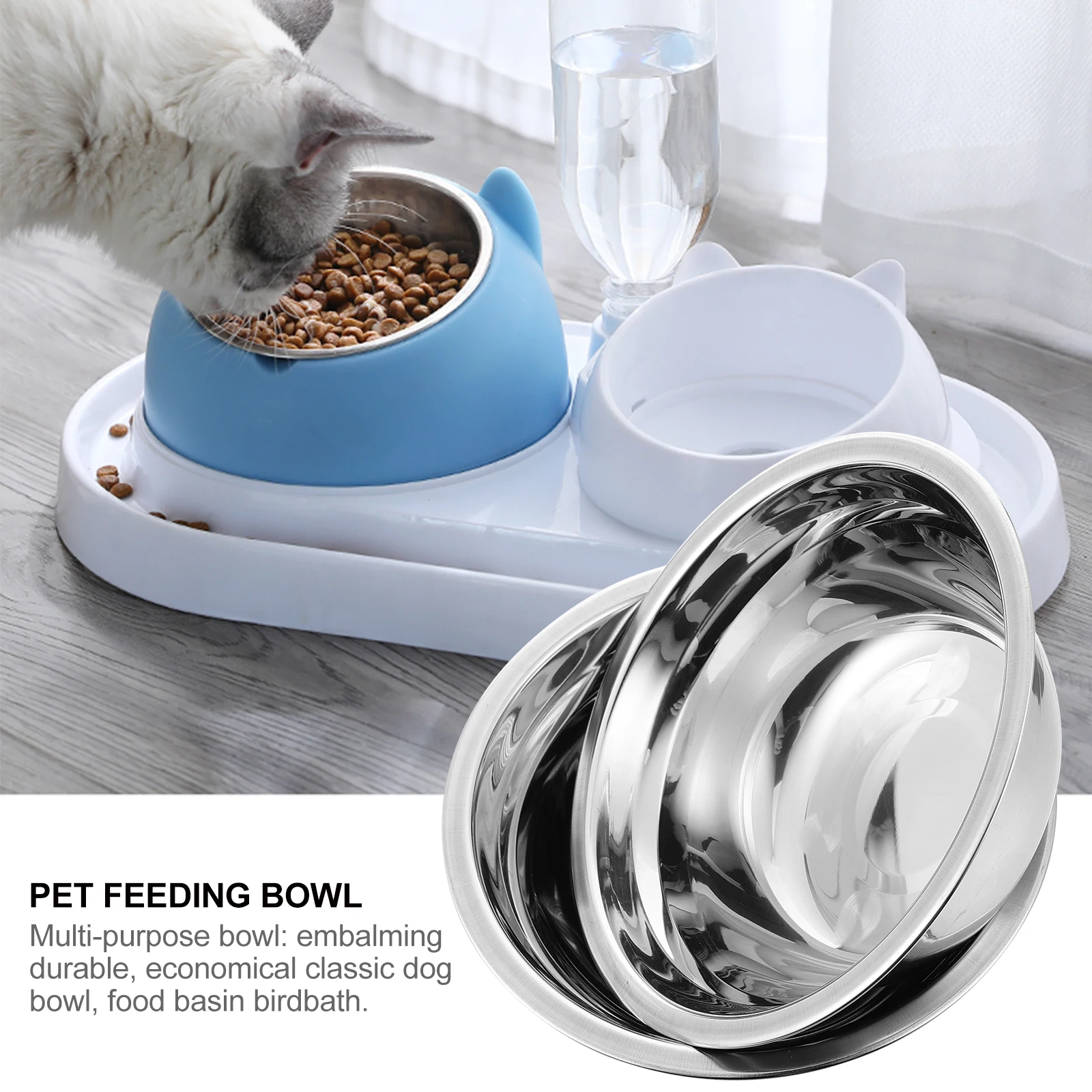 

2pcs Steel Bowl High Base Non Slip Pet Feeding Cat Dog Pet Feeding Bowl Water Food Durable Mirror Surface
