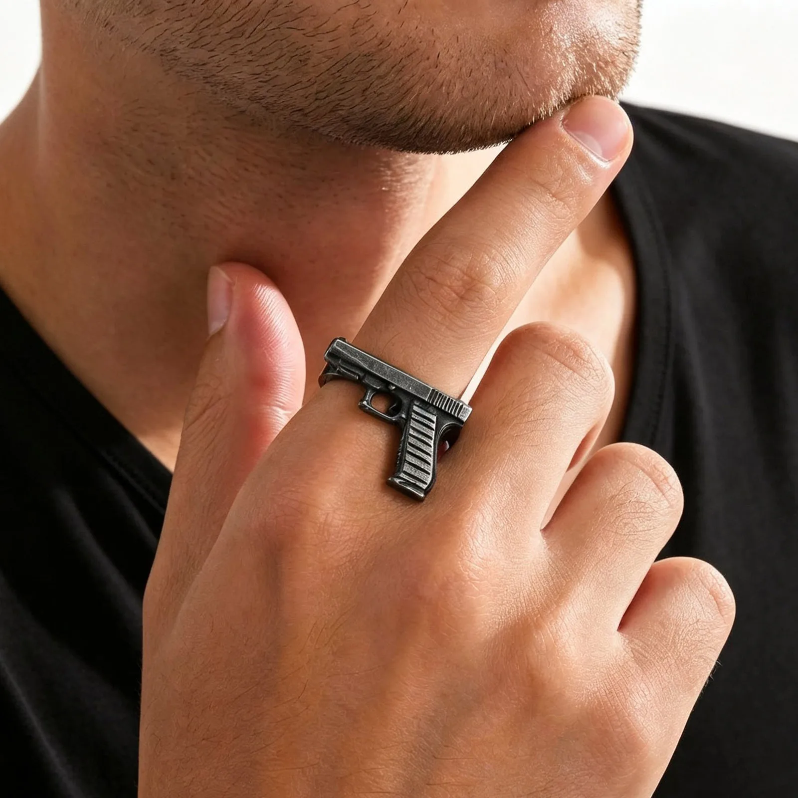 Punk Pistol Shape Ring for Men,Vintage Antique Stainless Steel Statement Ring,Biker Jewelry