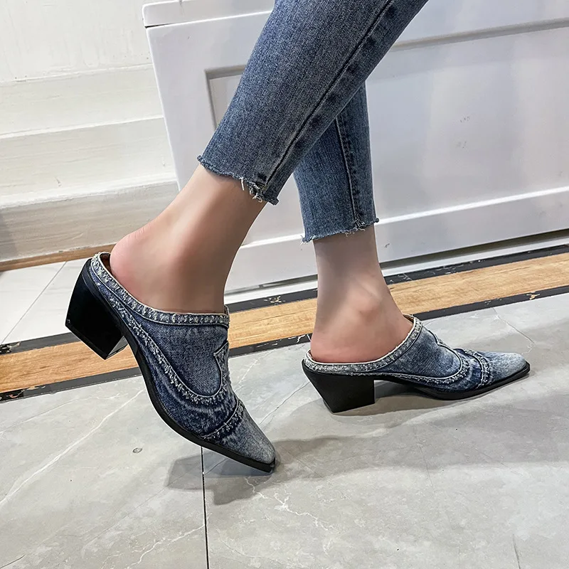 Denim pantofle na co dzień sandały na wysokim obcasie damskie w stylu Vintage buty damskie nowe mody fala wiosna lato 2022 Sandalias De Mujer