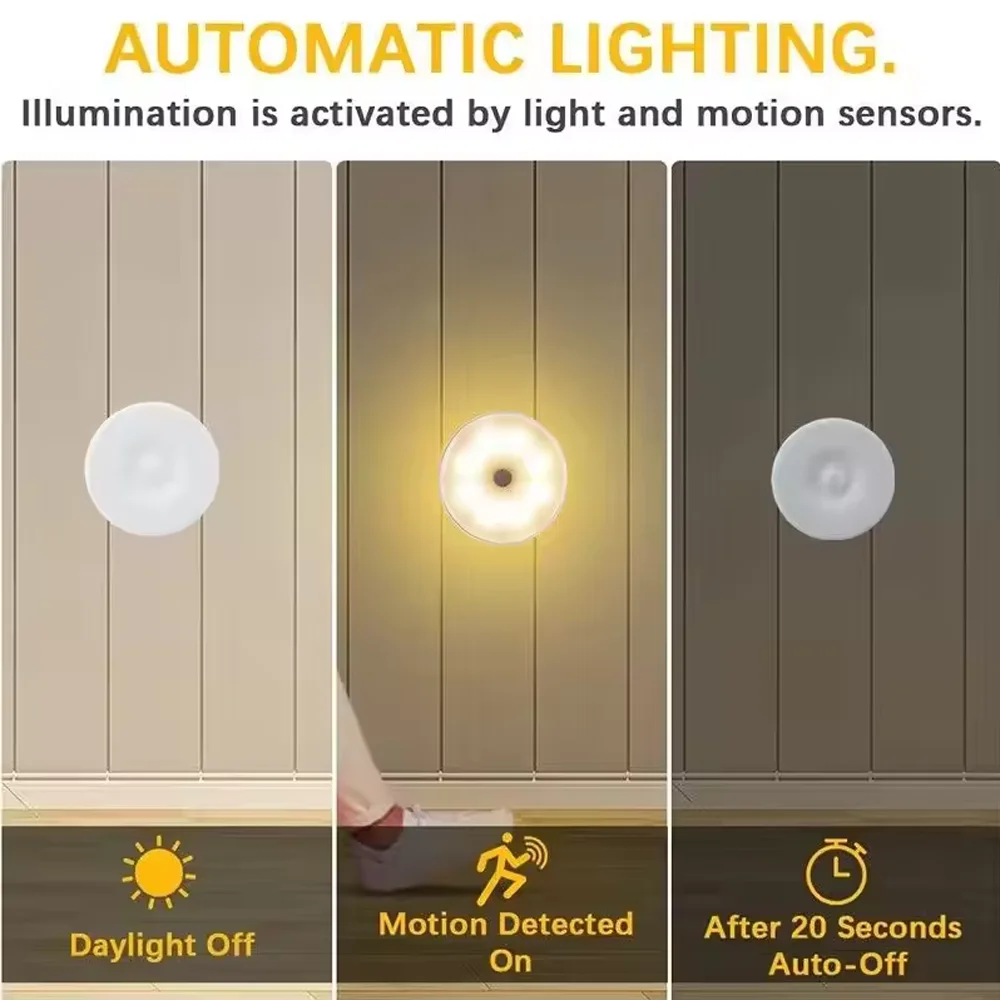 2~6 Pack Motion Sensor LED Night Light USB Rechargeable 3 Color Night Lamp Cabinet Wardrobe Lamp Staircase Wireless Closet Light
