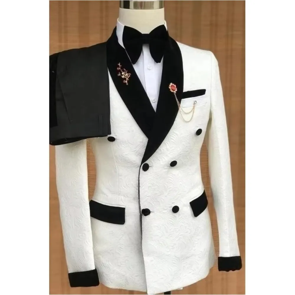 

Белая жаккардовая куртка, черные брюки, комплект из 2 предметов, мужские костюмы для жениха, свадьбы, ужина, выпускного вечера, Terno Masculino, костюм на заказ Homme