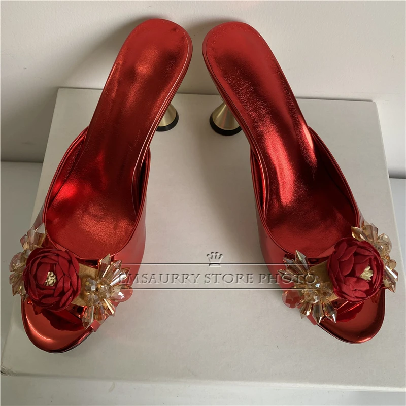 Handmade Rose Crystal Flower Sandals Women Novelty Metal Strange Heel Patent Leather Slingbacks Modern Summer Shoes