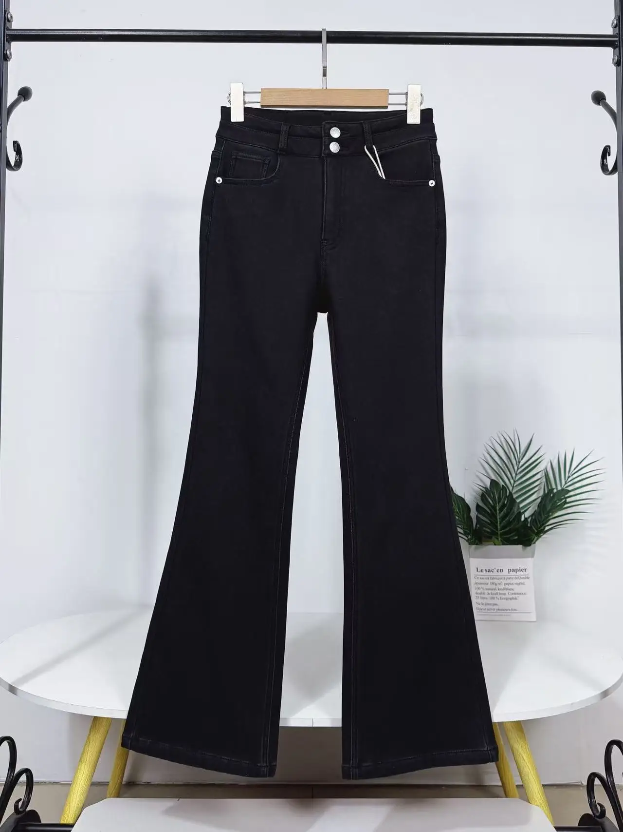 

Warm Fce Lined Casual High Waist Bell Bot Jeans Women's Winter Long Pants Floor Length Bootcut Denim Trousers