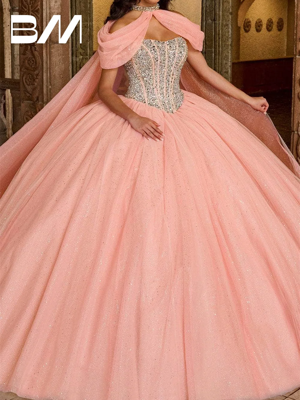 Vestido de baile de tule com lantejoulas, vestido quinceanera com capa de strass, luxo, doce 15 16, vestido de baile, plus size, vestidos de coquetel