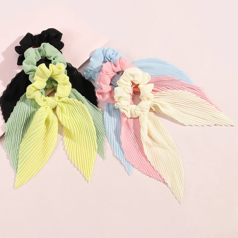 6Pcs/set Pleated Ribbon Scrunchie – Long Satin Tassel Ponytail Holder for Summer Vacation. view 4