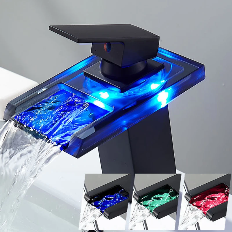 

Copper Waterfall Black Color Changing Faucet Hot and Cold Basin Washbasin Faucet Household Bathroom Hand Washing Table Basin