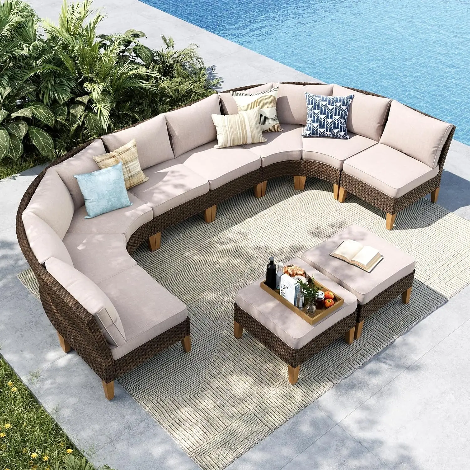 10-Piece Wicker Patio Furniture Set Half-Moon Outdoor Sectional Sofa With Cushions For Garden Balcony, Customized