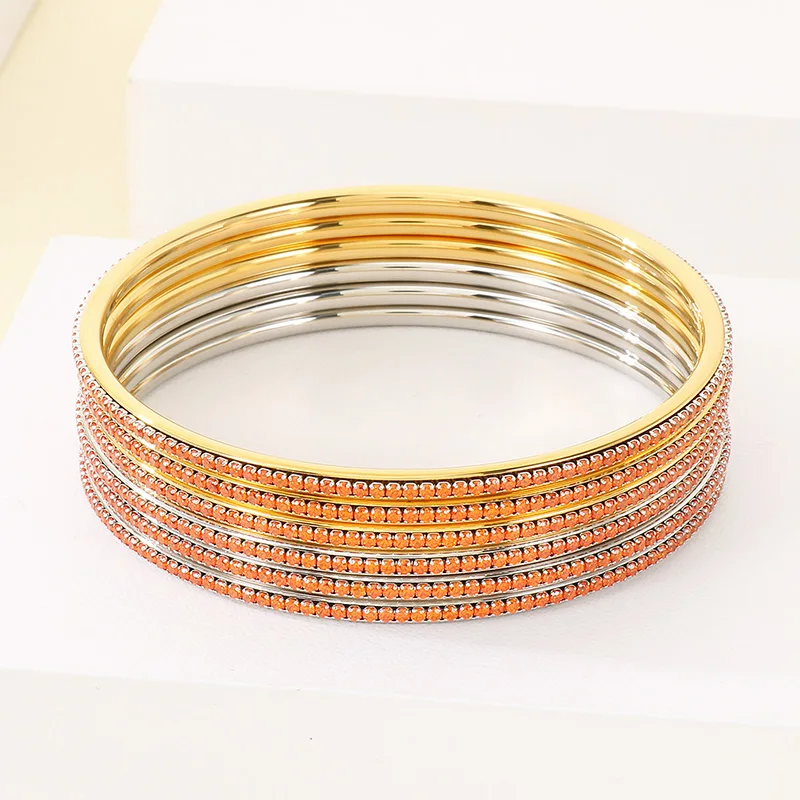 Fashion Women's Stainless Steel Stackable Bangle Gold Silver Color Orange Rhinestone for Daily Wear Jewelry Gift