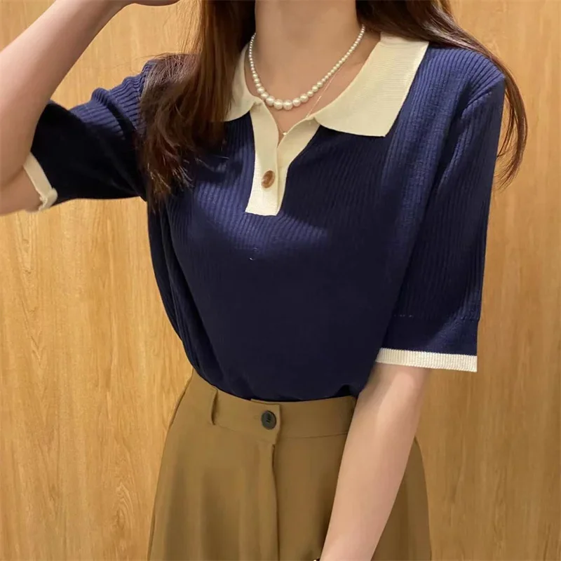 

T-shirts Women Knitted Simple College Ladies All-match Korean Patchwork Panelled Casual Basic Arrival Feminino Knit Tops E28