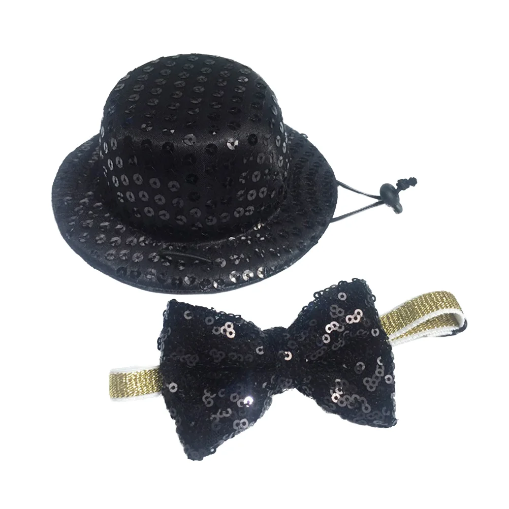 

Pet Dog Cat Hat and Tie Set Cosplay Costume Black Sequins Hat Christmas Halloween Cosplays Accessories Holiday Costume Supplies