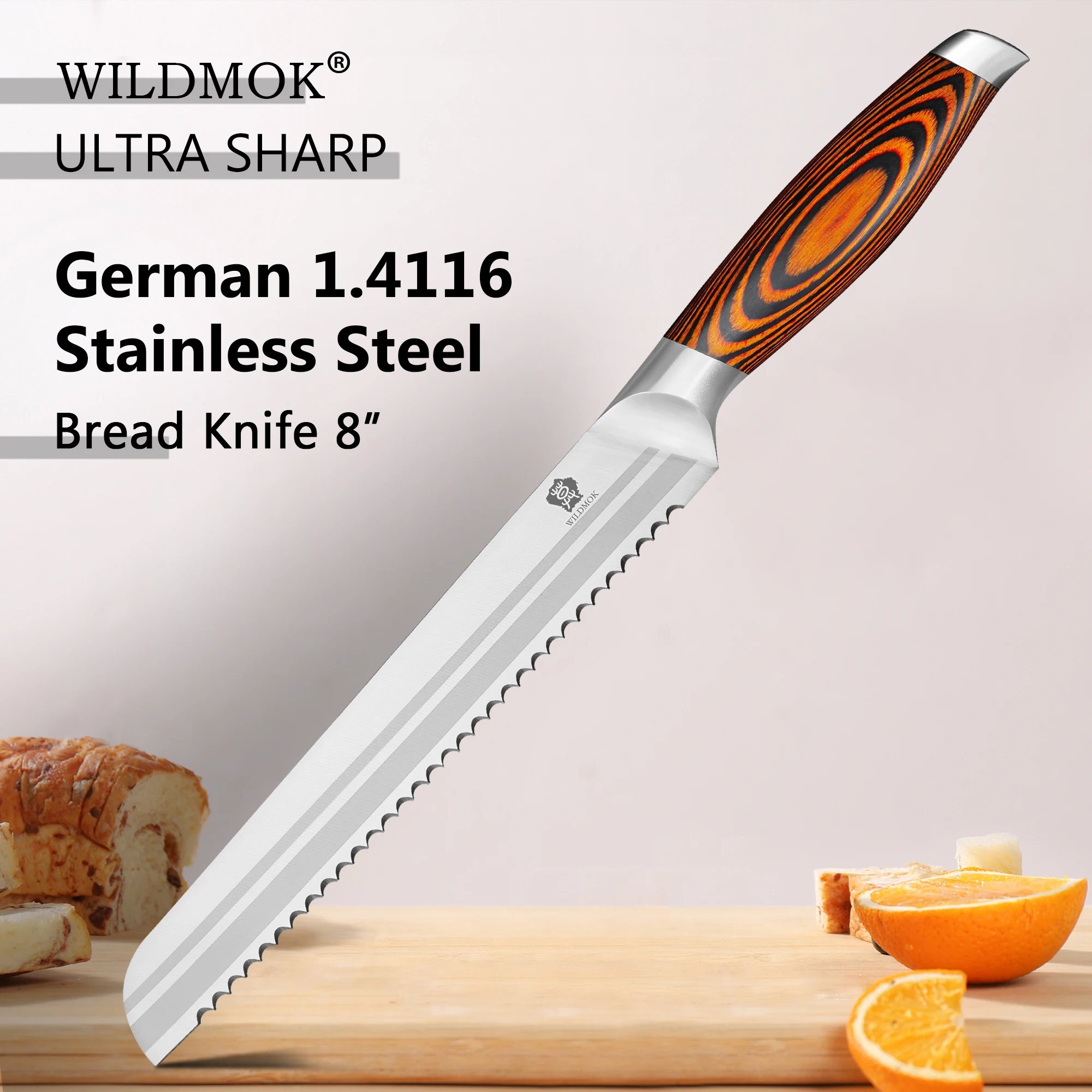 WILDMOK 8 Inch Serrated Bread Knife, Stainless Steel Blade for Slicing Bread Cake Pastry with  Comfortable Pakkawood Handle