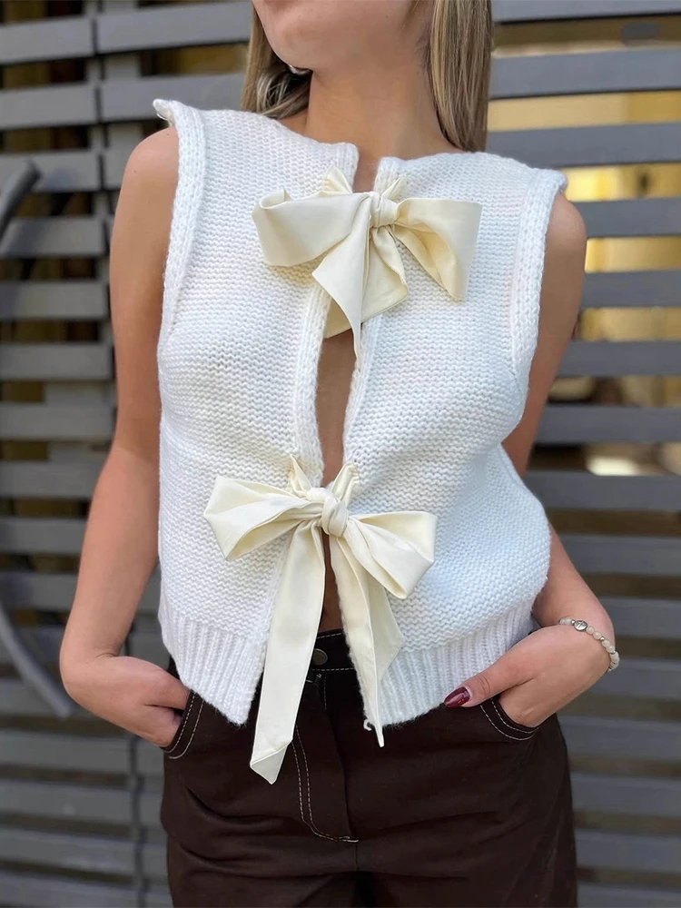 

Trendix Bow Patchwork Knit Pullover Sweater Women Autumn Sexy Hollow Out Sleeveless Gilet Vest Backless Knitwear Sweater Vest
