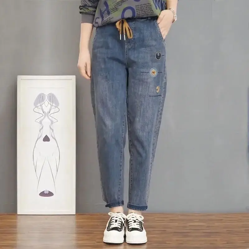 Vintage Denim Stretch Harem Pants for Women 2025 Spring Autumn Fashion Loose High waist Washed Casual Pants Students Jeans