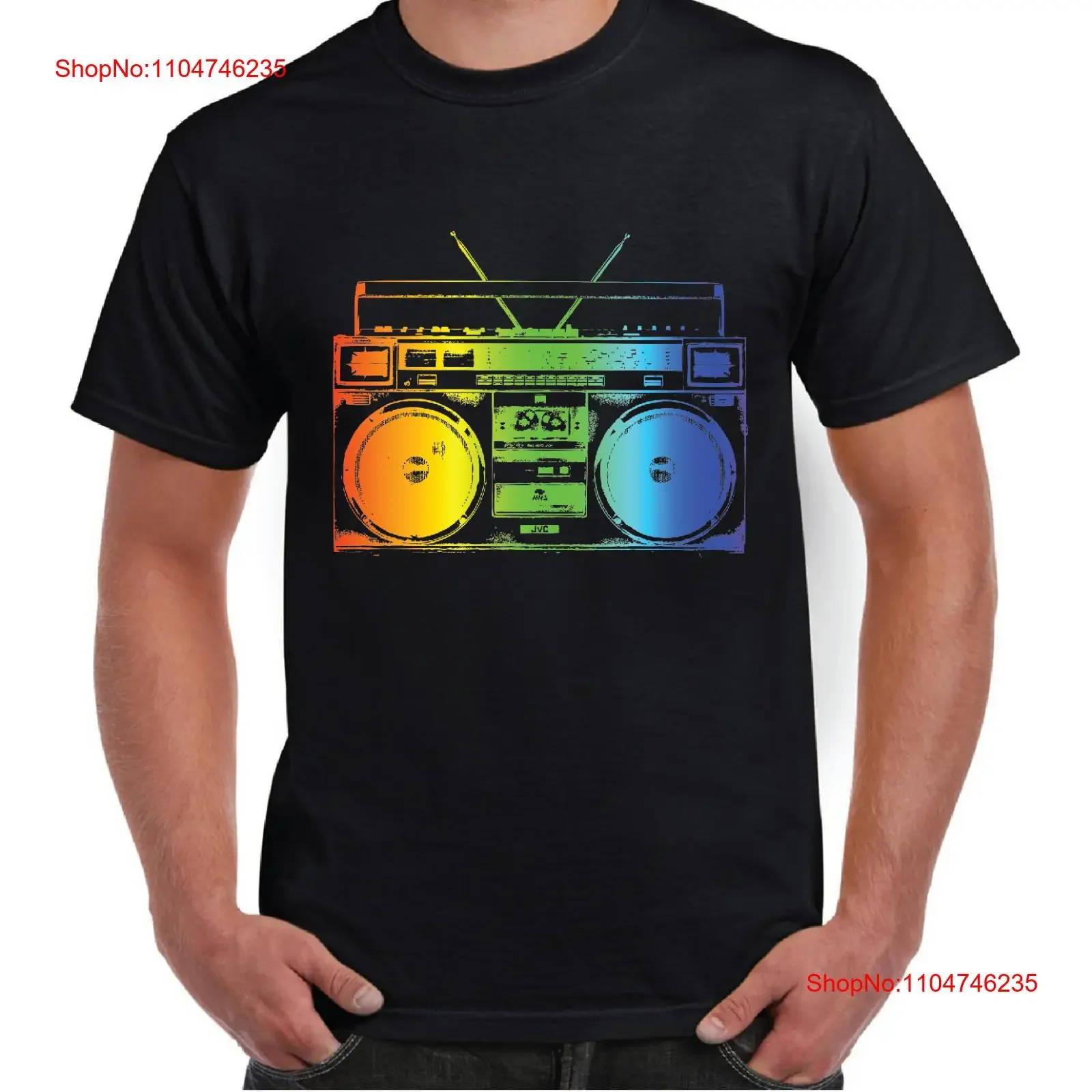 Camiseta fresca Retro de los años 80 Boombox Ghettoblaster banda de música Arco Iris vintage lavado estirado ligeramente moda streetwear Unisex