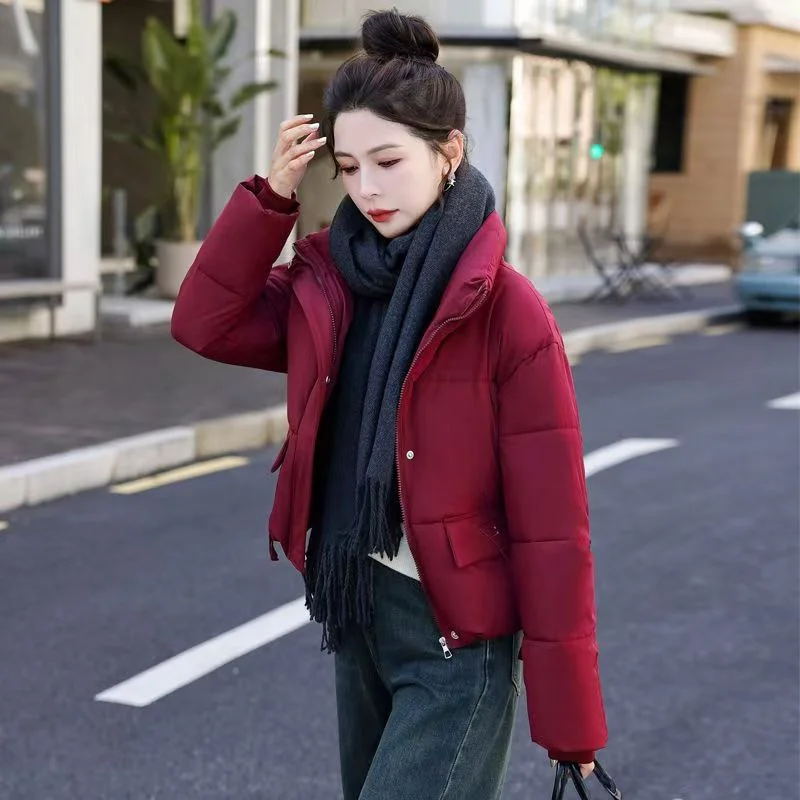 2024 Autumn Winter Short Cotton-padded Coat Women's Fashion Anchorage Red Joker Solid Color Short Coat Loose Cotton-padded Coat