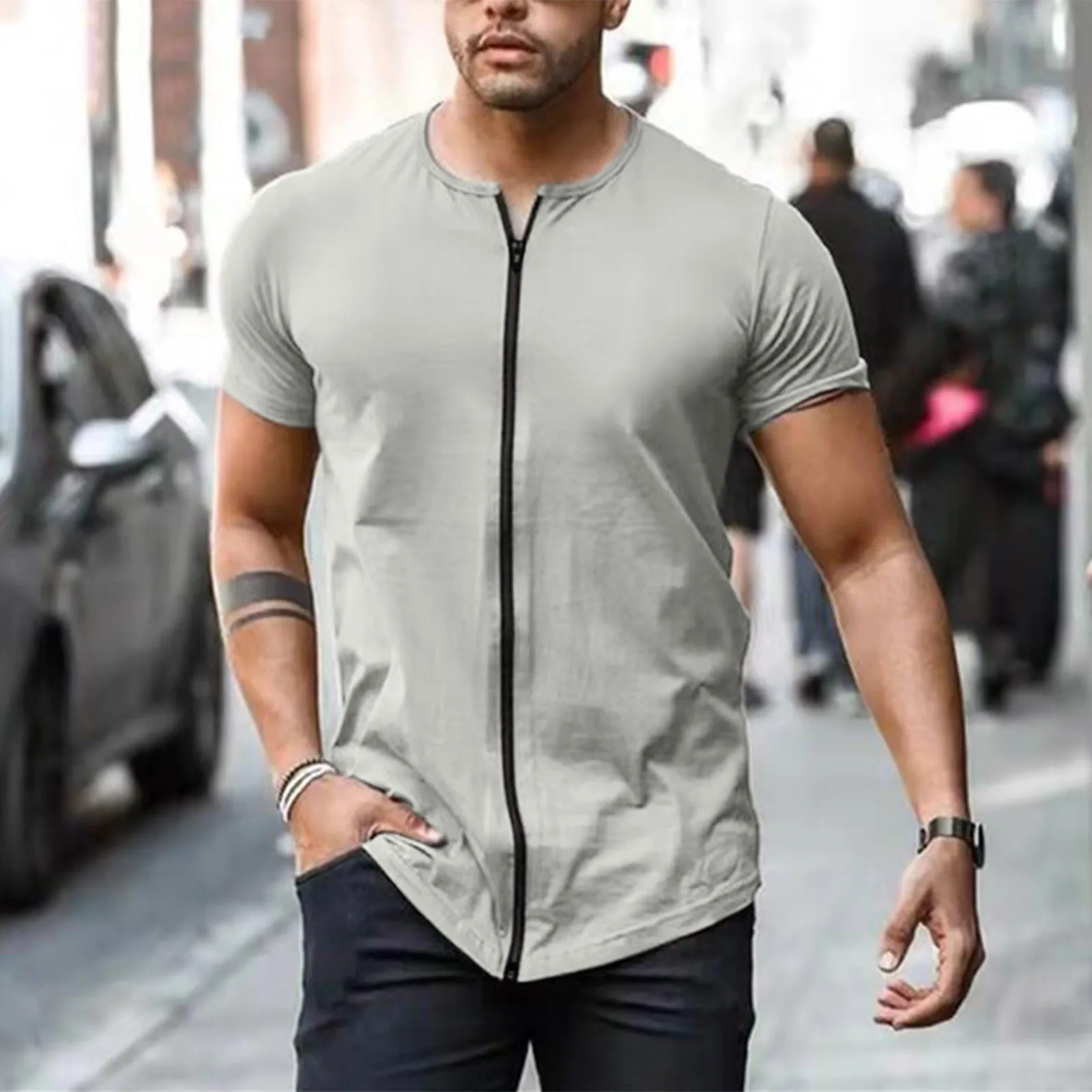 Male Summer Casual Zipper T Shirt Blouse Short Sleeve Round Neck Tops T Shirt