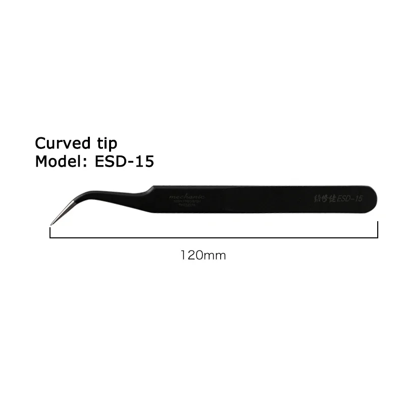 Pinzas de ESD-11 mecánico, de ESD-15 ESD-13, Punta curvada recta, cabeza redonda plana para bricolaje electrónico, Clip negro Antiestático de precisión