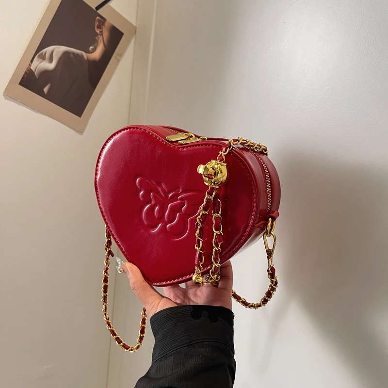 Bow Pu Chain Zipper Shoulder Bags Large Capacity Solid Sewing Thread Heart-shaped Crossbody Bags for Women 2024 Retro Portable