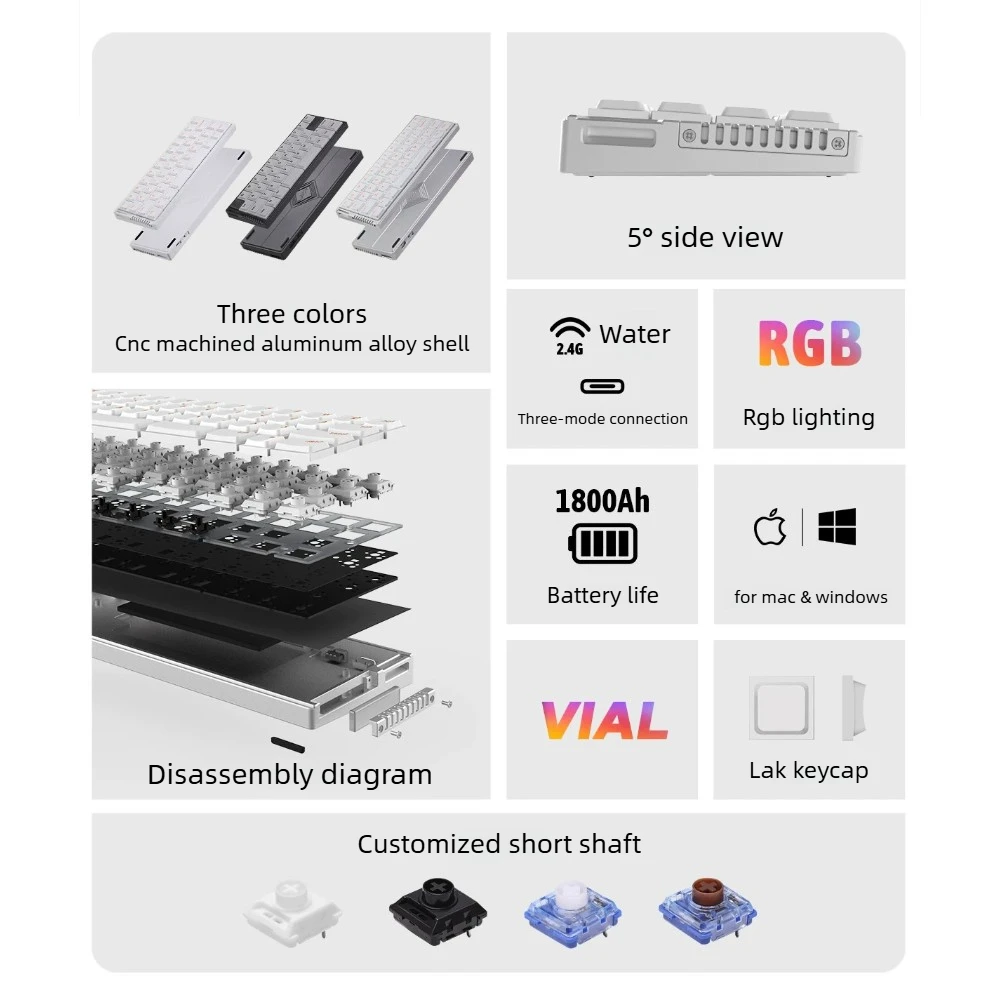 Chosfox Init40 Low Profile 3-Mode Mechanical Keyboard Hot Swap Support Qmk/Vial RGB 42 Keys Aluminum Alloy for Office Writing