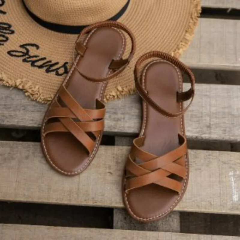 

Summer Women Flat Sandals Fashion Open Toe Beach Shoe Breathable Soft Soled Non-slip Sandals Comfortable Cross Strap Single Shoe