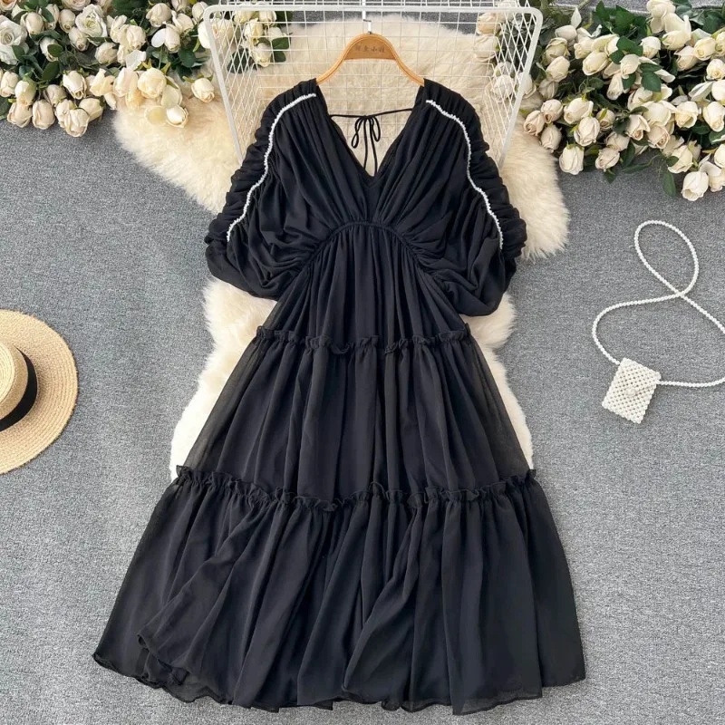 

Women Sexy Female Vintage Pleated V Neck Yellow Skirt Stunning Summer Party Casual Clubwear Short Sleeve Elegant Dress Solid