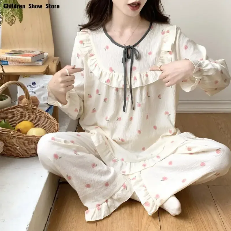 Pijama amarelo claro com calças femininas, doce, gola com babados, calças, terno de algodão estampado, pijama despeje femme, roupa de dormir solta