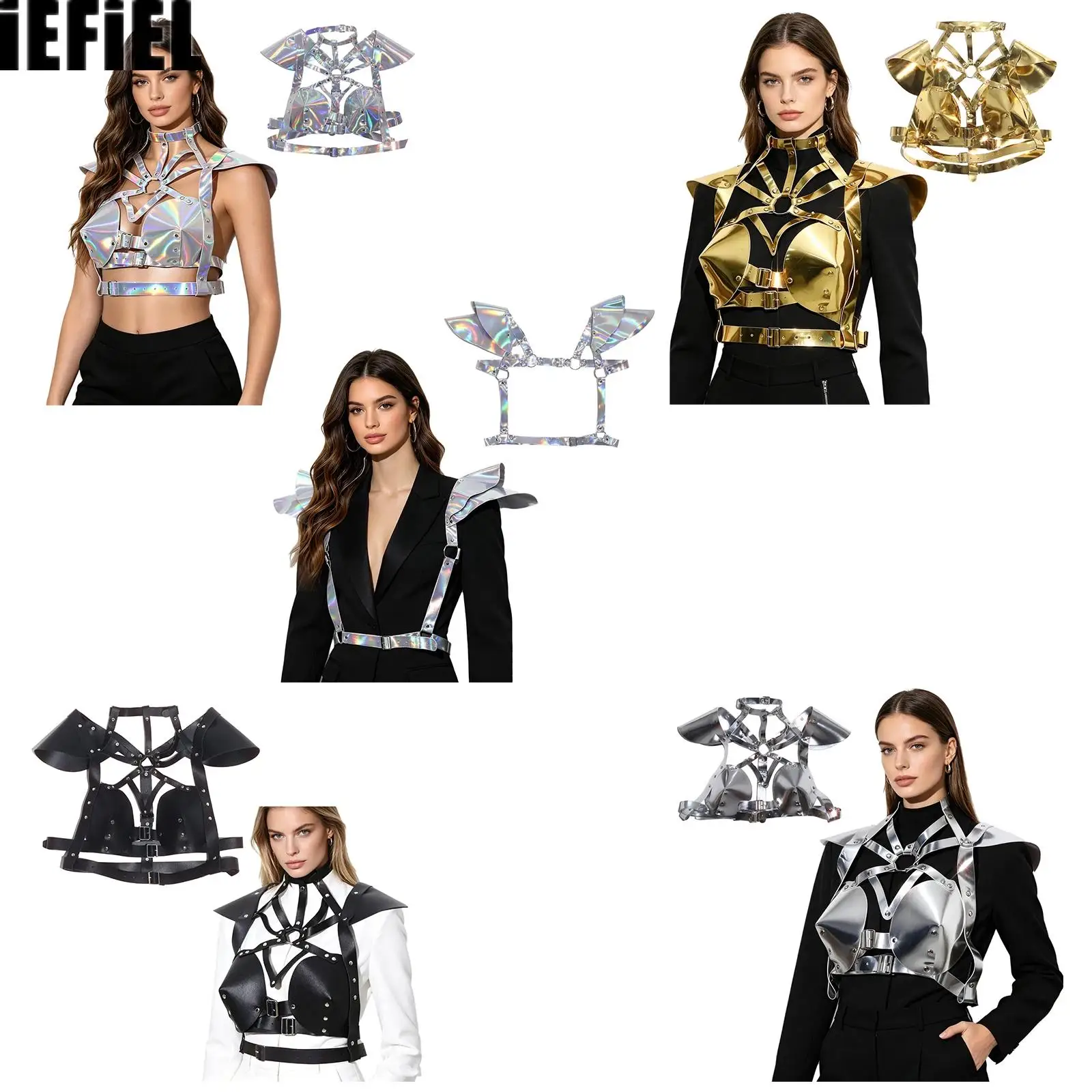 Women Metallic Iridescent Chest Harness Fly Sleeve Hollow Out Adjustable Strap Gothic Body Belt Corset Stage Clubwear