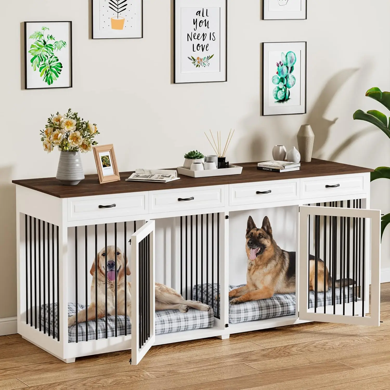 

86.6" Wooden Dog Crate Kennel with 4 Drawers and Divider, XL Heavy Duty Dog Crates Cage Furniture for 2 Large Dogs Indoor