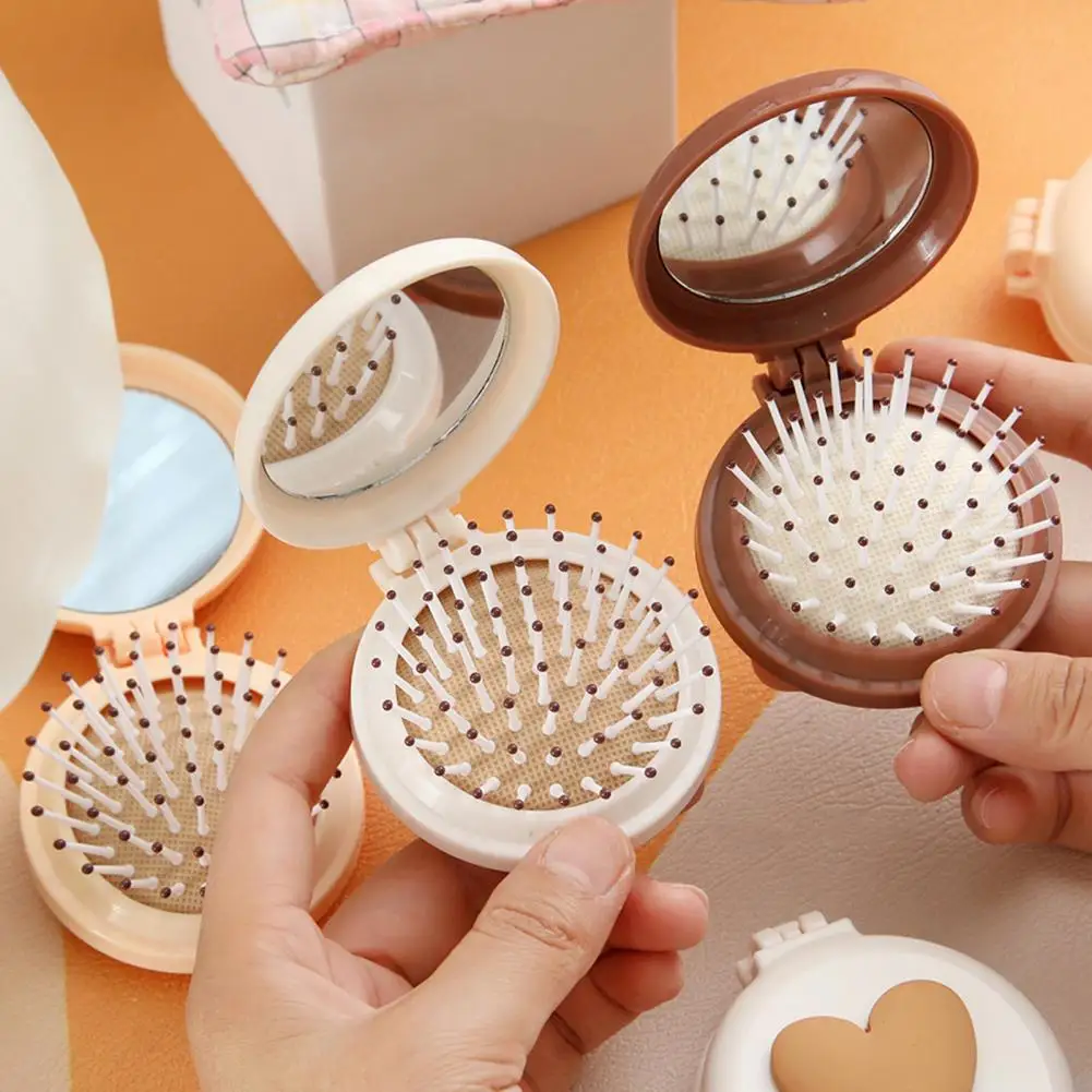 2 In 1 Mini Folding Hair Brush with Makeup Mirror Portable Travel Comb Girls Scalp Massage Detangling Brush