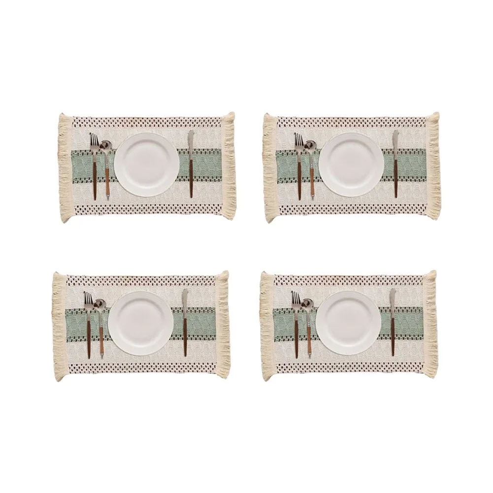 Polyester Placemats 4 pcs Striped Spliced Pattern Hollow Woven Fabric with Fringe Edge for Table Protection 30x45cm