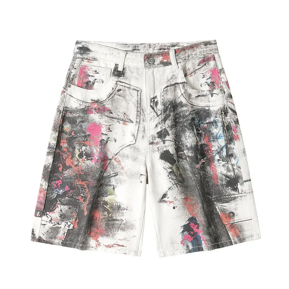 High Street Retro Art Ink Splatter Print Denim Five Quarter Shorts Men's White Cowhide Distressed Workwear Wide Leg Shorts