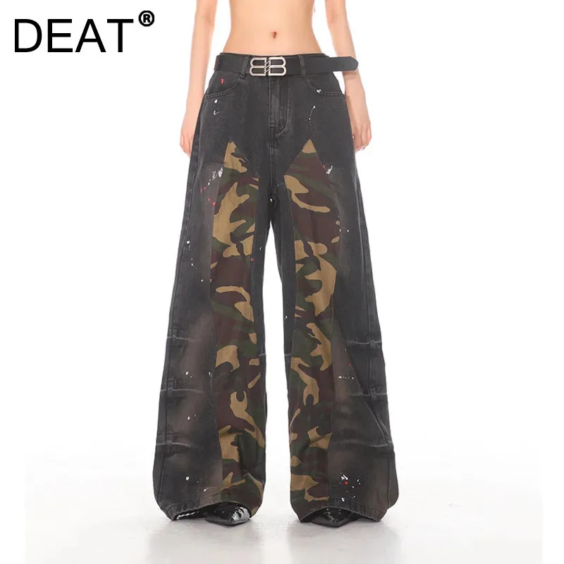 DEAT Women's Jeans Low Waist Patchwork Camouflage Folds Splashing Ink Straight Wide Leg Denim Pants 2025 New Fashion Spring