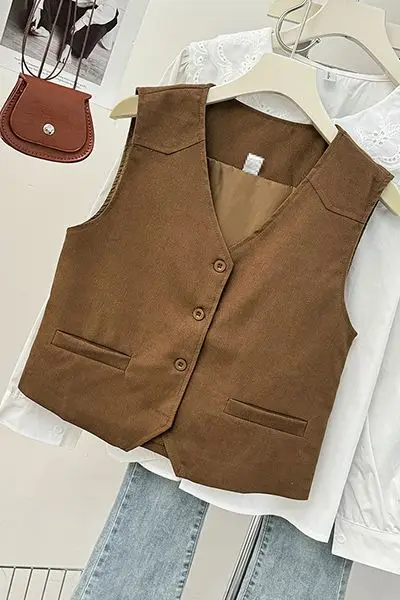 Coffee Color Stacked Women Spring Autumn New Style Short Sleeveless Coat Vest Top